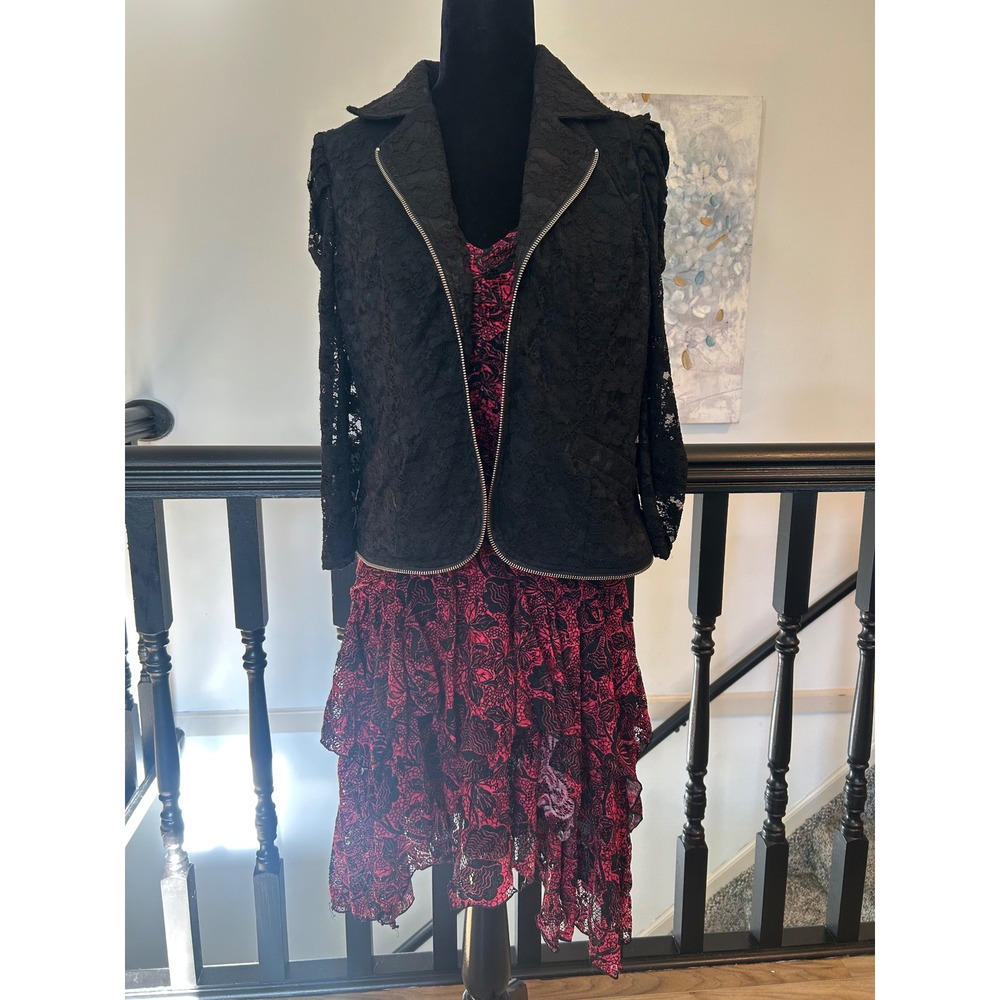Vitrin Design Red Black Floral Lace Ruffle Dress & Sheer Lace Moto Jacket Set M
